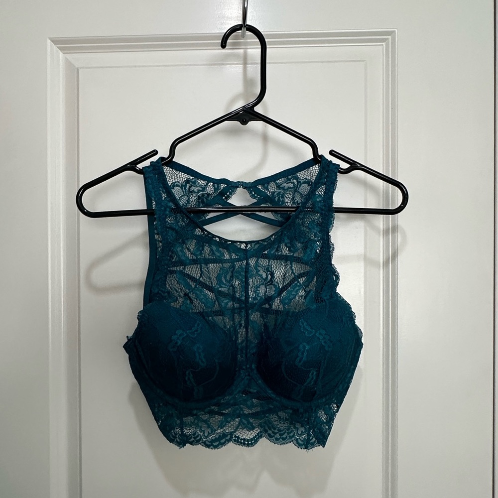 La Senza Lace Cropped Corset Back Bralette in Teal Blue